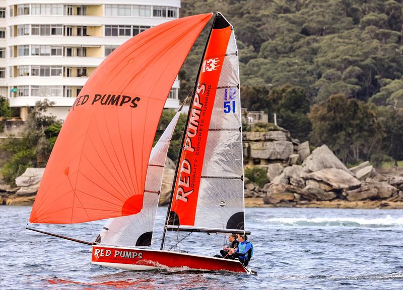 Red Pumps photo copyright Sail Media taken at Manly 16ft Skiff Sailing Club and featuring the 13ft Skiff class