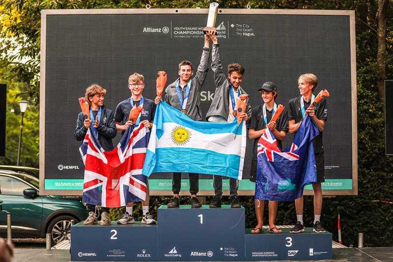 Seb Menzies (right) and George Lee Rush  (second from right) - (NZL) - Boys 29er - Allianz Youth World Sailing Championships - Day 5 - The Hague - July 2022 photo copyright Sailing Energy / World Sailing taken at Jachtclub Scheveningen and featuring the 29er class