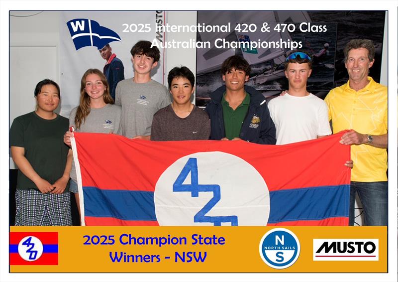 Hanako Tomishima, Clare Cini, Will Wilkinson, Goro Tomishima, Luca Alexander, Spencer Mckay with Malcolm Page - 420 Australian Championship 2025 photo copyright Marg Fraser Martin taken at Woollahra Sailing Club and featuring the 420 class