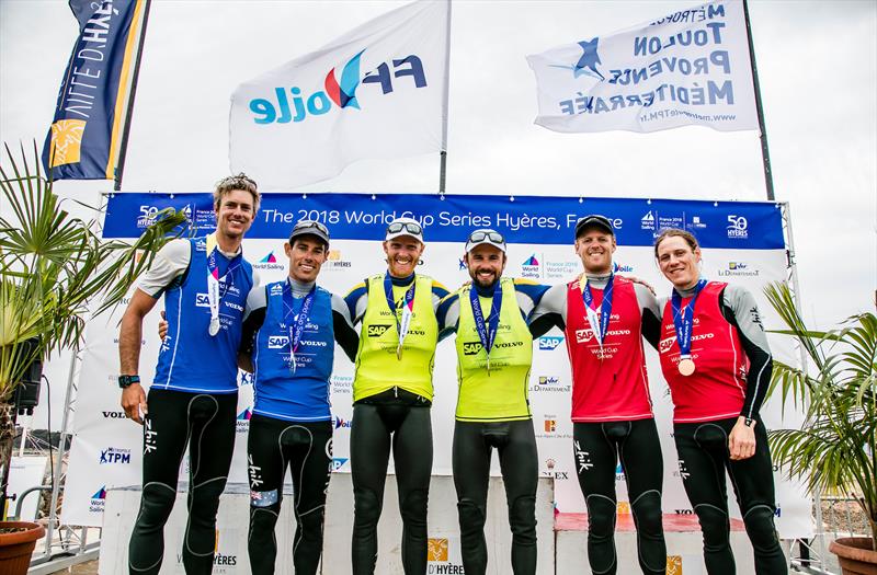 470 Mens - Medal ceremony - Paul Snow-Hansen and Daniel Willcox (right) - Sailing World Cup, Hyeres, April 29, 2018 photo copyright Jesus Renedo / Sailing Energy taken at  and featuring the 470 class