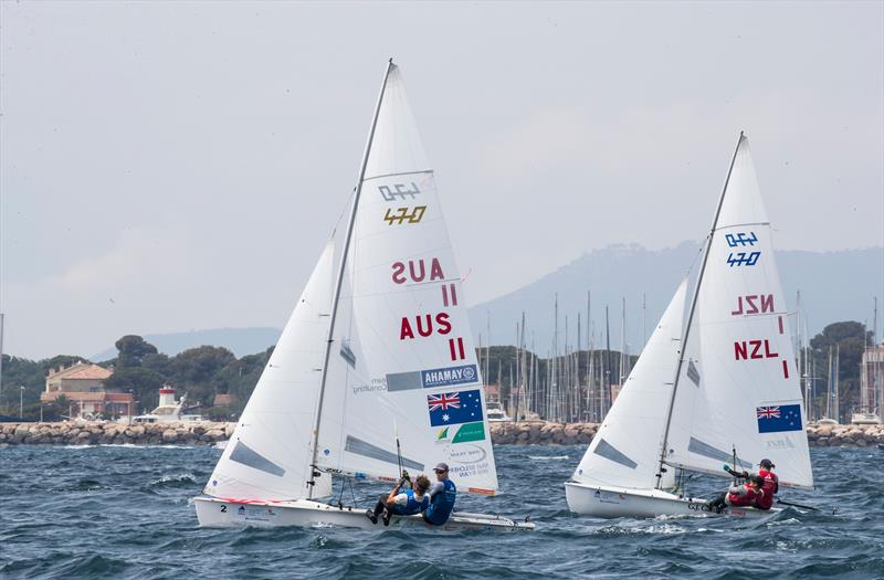 Paul Snow-Hansen and Daniel Willcox trail Matt Belcher and Will Ryan (AUS) - Sailing World Cup, Hyeres, April 29, 2018 photo copyright Richard Langdon / Sailing Energy taken at  and featuring the 470 class