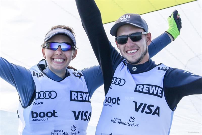 Ukrainians Yehor Samarin and Yelyzaveta Vasylenko were elated to grab 470 gold right before the finish line photo copyright Christian Beeck taken at Kieler Yacht Club and featuring the 470 class