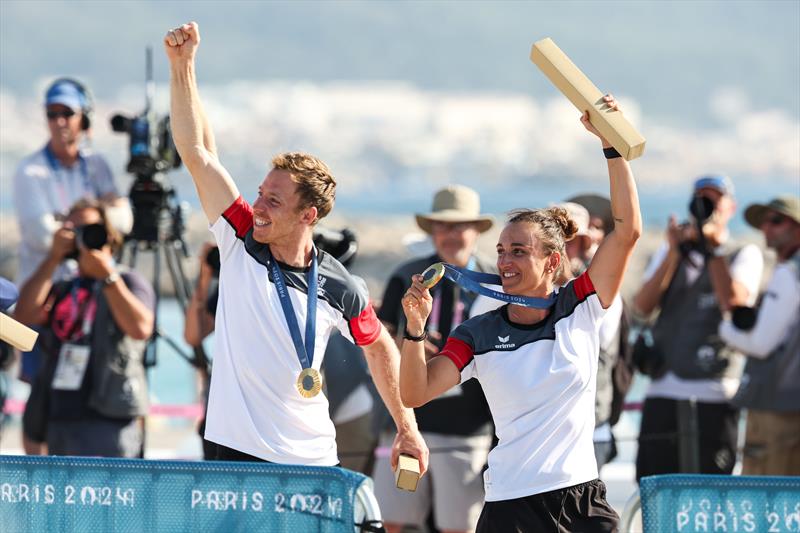 Austria wins gold in the Mixed 470 at Paris 2024 photo copyright World Sailing / Lloyd Images taken at  and featuring the 470 class