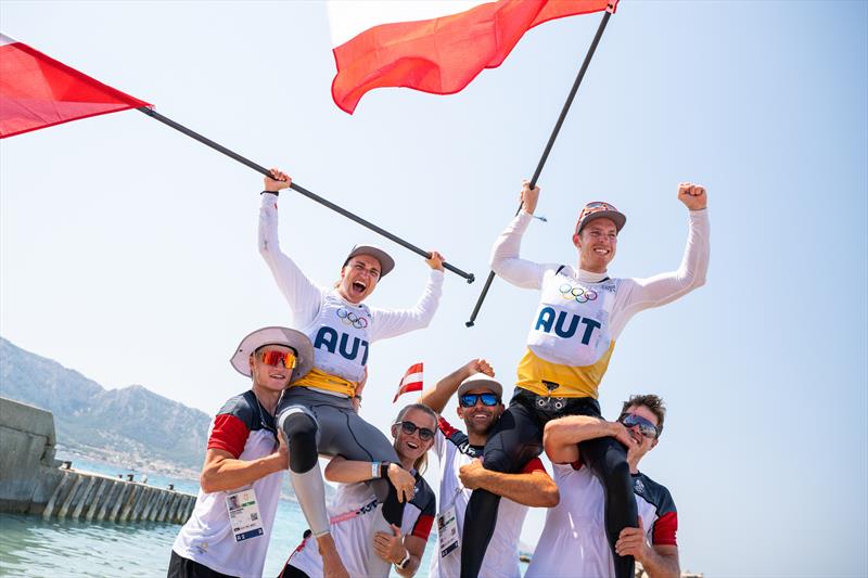 Austria wins gold in the Mixed 470 at Paris 2024 photo copyright World Sailing / Jean-Louis Carli taken at  and featuring the 470 class