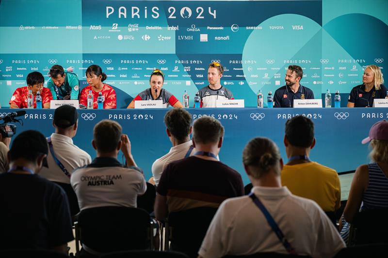 Mixed 470 medalllists Press Conference at Paris 2024 photo copyright World Sailing / Jean-Louis Carli taken at  and featuring the 470 class