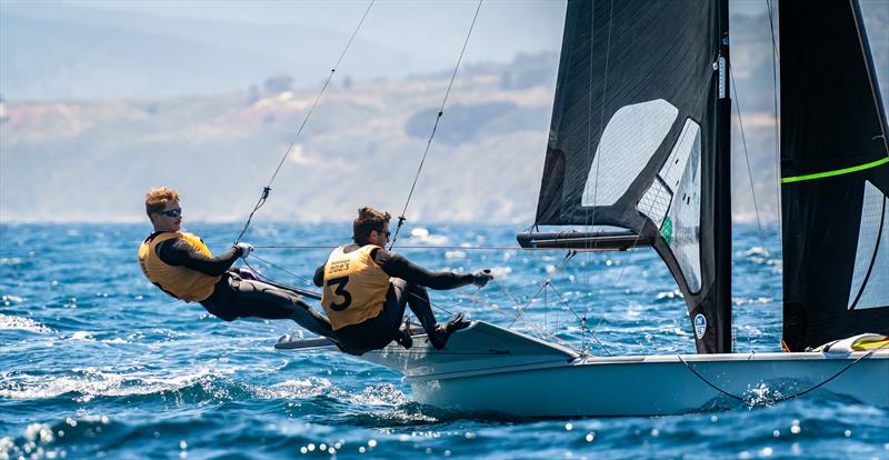 Justin Barnes and Will Jones sail to the bronze medal in 49er class at Cofradia Nautica del Pacifico during the Panam Games in Santiago, Chile on November 3, 2023 photo copyright Dave Holland/Sail Canada taken at Royal Victoria Yacht Club, Canada and featuring the 49er class