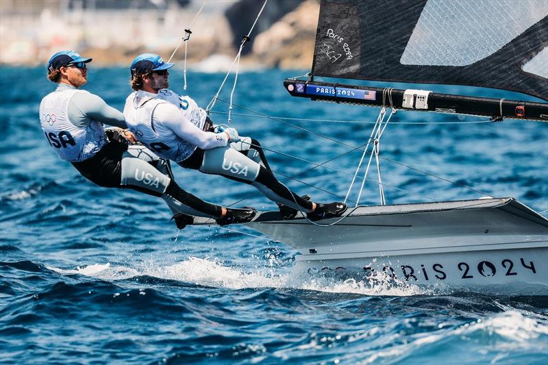 Ian Barrows (St. Thomas, USVI) and Hans Henken (San Francisco, CA) sail in the attempted Men's Skiff medal race before it was abandoned - photo © Sailing Energy / US Sailing Team