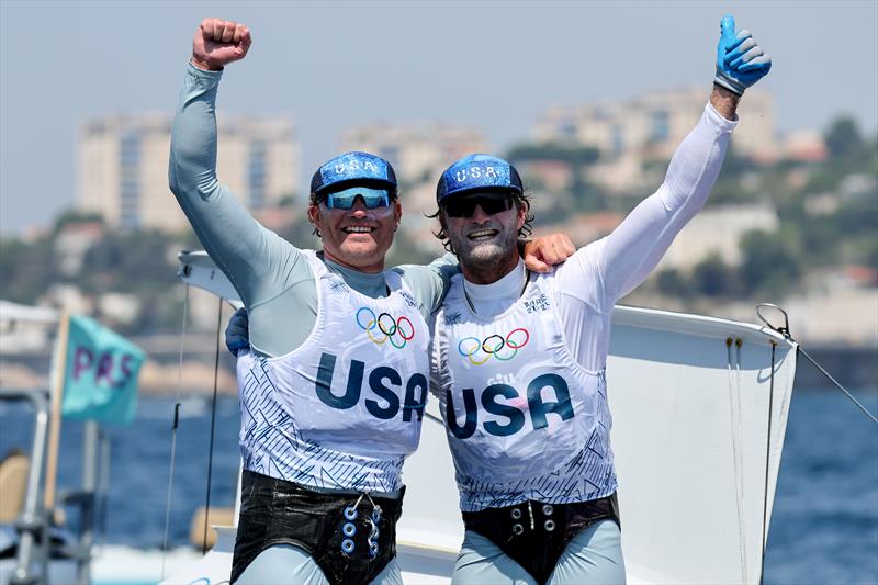 Ian Barrows Hans Henken (USA) celebrate winning bronze in the Men's Skiff - Paris Olympic Sailing in Marseille, France August 2, 2024 - photo © World Sailing / Sander van der Borch