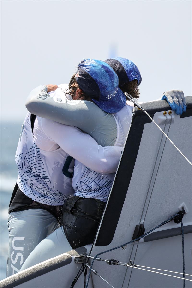 Ian Barrows Hans Henken (USA) celebrate winning bronze in the Men's Skiff - Paris Olympic Sailing in Marseille, France August 2, 2024 photo copyright World Sailing / Sander van der Borch taken at  and featuring the 49er class