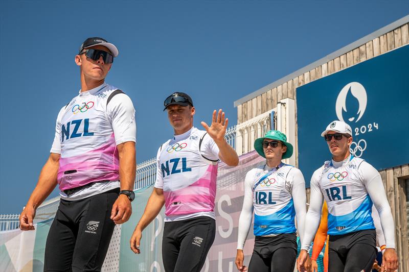 Isaac McHardie and Will McKenzie (NZL) - Silver Medalists - lead out Sean Waddilove and Robert Dickson (IRL) Mens Skiff - Paris2024 Olympic Sailing Event - Marseille - August 2, 2024 - photo © World Sailing / Jean-Louis Carli