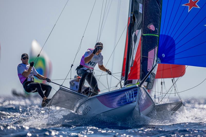 Isaac McHardie and Will McKenzie (NZL) - Silver Medalists - Mens Skiff - Paris2024 Olympic Sailing Event - Marseille - August 2, 2024 photo copyright World Sailing / Sander van der Borch taken at Royal Akarana Yacht Club and featuring the 49er class