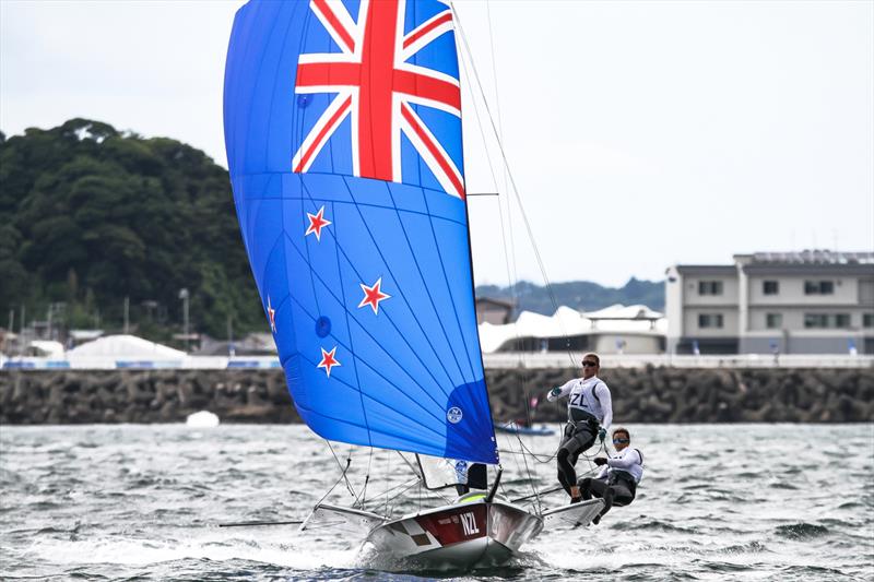Tokyo2020 - Day 3 - July, 27, - Enoshima, JapanAlex Maloney, Molly Meech (NZL) 49erFX - Race 1 photo copyright Richard Gladwell - Sail-World.com / nz taken at Takapuna Boating Club and featuring the 49er FX class