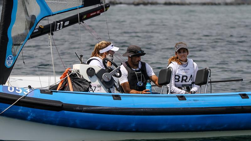 2016 Olymipic Gold medlaists in the 49erfx, Martine Grael and Kahena Kunze (BRA) talk with their coach, pre-race - Tokyo2020 - Day 7- July, 31, - Enoshima, Japan photo copyright Richard Gladwell / Sail-World.com / nz taken at  and featuring the 49er FX class