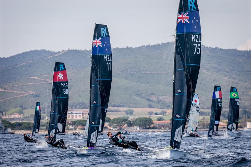 Jo Aleh/Molly Meech lead Alex Maloney / Olivia Hobbs - NZL Sailing Team - Day 1 - 53rd Semaine Olympique Francais, Hyeres - April 2022 photo copyright Sailing Energy / World Sailing taken at  and featuring the 49er FX class