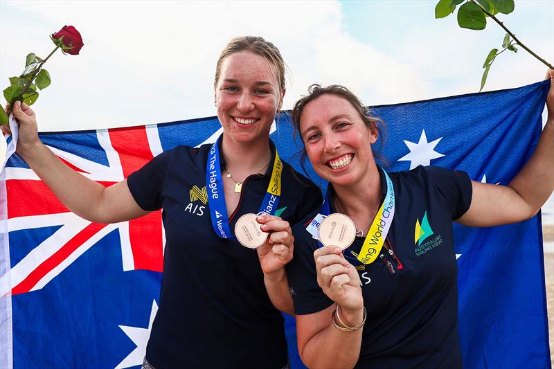 Evie Haseldine and Olivia Price on the podium  photo copyright Sailing Energy taken at  and featuring the 49er FX class