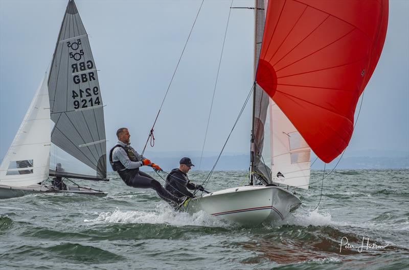 National Champions Mike Sims and Carl Gibbon approaching the downwind gate at the 2025 505 HISC Open photo copyright Peter Hickson taken at Hayling Island Sailing Club and featuring the 505 class