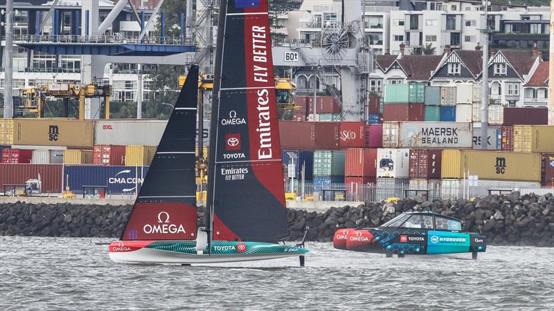 Emirates Team NZ's  AC40 OD with Hydrogen powered Chase boat - February 2, 2023 - photo © Richard Gladwell - Sail-World.com / nz