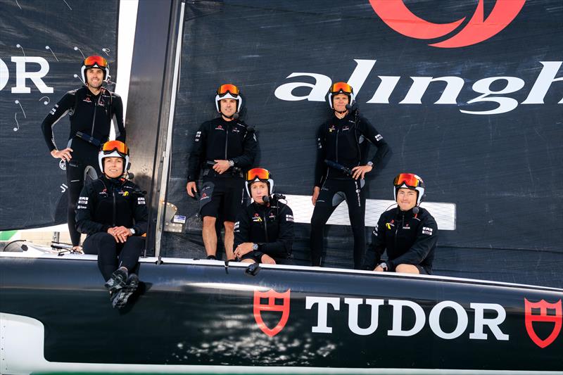 Tudor Team Alinghi sailing crew (L to R) Jason Waterhouse, Nathalie Brügger, Phil Robertson, Paul Goodison, Pietro Sibello and Nicolas Rolaz. - April 22, 2026 photo copyright Samo Vidic/Tudor Team Alinghi taken at Société Nautique de Genève and featuring the AC40 class