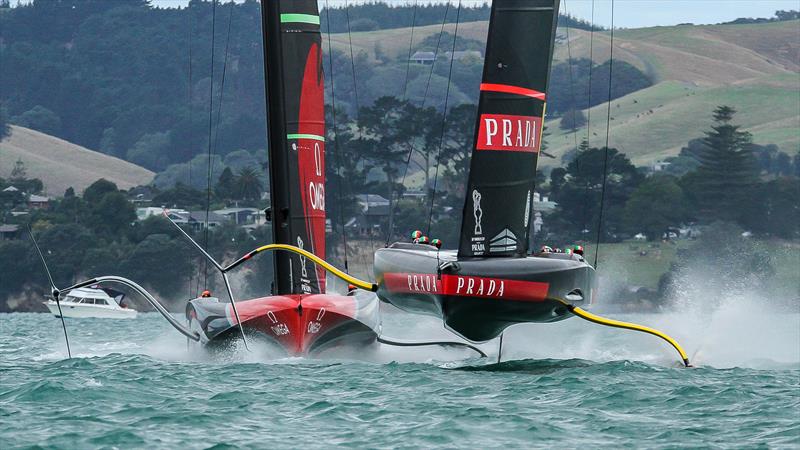 Emirates Team NZ struggles after dropping onto Luna Rossa's line - America's Cup - Day 1 - March 10, , Course E photo copyright Richard Gladwell - Sail-World.com / nz taken at Royal New Zealand Yacht Squadron and featuring the AC75 class