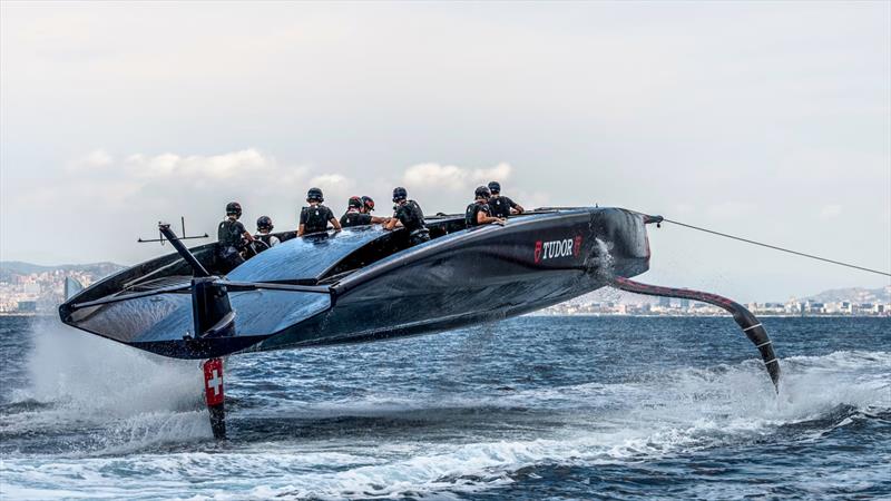 Alinghi Red Bull Racing - lifts out on tow test ahead of first sailing day - August 2022 - Barcelona photo copyright Alinghi RBR taken at Société Nautique de Genève and featuring the AC75 class