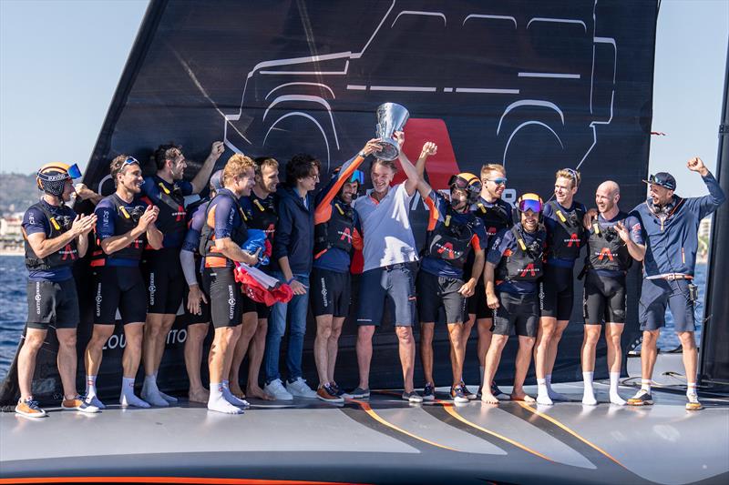 Sir Jim Ratcliffe and Sir Ben Ainslie lift the Louis Vuitton Cup photo copyright Ian Roman / America's Cup taken at  and featuring the AC75 class