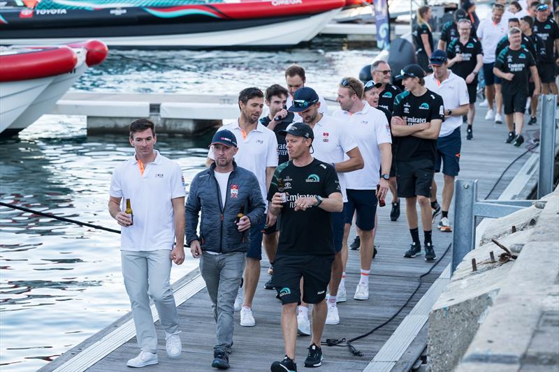 The two teams chat after the Louis Vuitton 37th America's Cup Barcelona photo copyright Ricardo Pinto / America's Cup taken at  and featuring the AC75 class