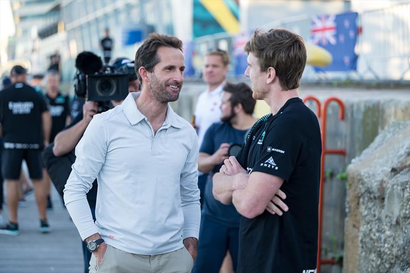 Ben Ainslie chats with Peter Burling after the Louis Vuitton 37th America's Cup Barcelona photo copyright Ricardo Pinto / America's Cup taken at  and featuring the AC75 class