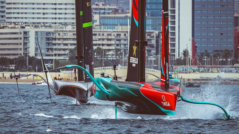 Emirates Team NZ leads INEOS Britannia in Race 1 of the 37th America's Cup - Barcelona - October 12, 2024 - photo © Ian Roman / America's Cup