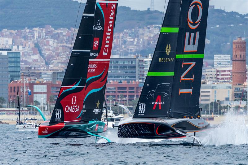 Emirates Team NZ and INEOS Britannia - Race Day 1 - America's Cup Match 2024 - Barcelona photo copyright Ian Roman / America's Cup taken at Real Club Nautico de Barcelona and featuring the AC75 class