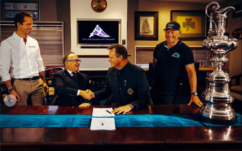 Protocol is signed- August 12, 2025 - Royal NZ Yacht Squadron - From left Ben Ainslie, Bertie Bicket, David Blakey and Grant Dalton - photo © America's Cup Media