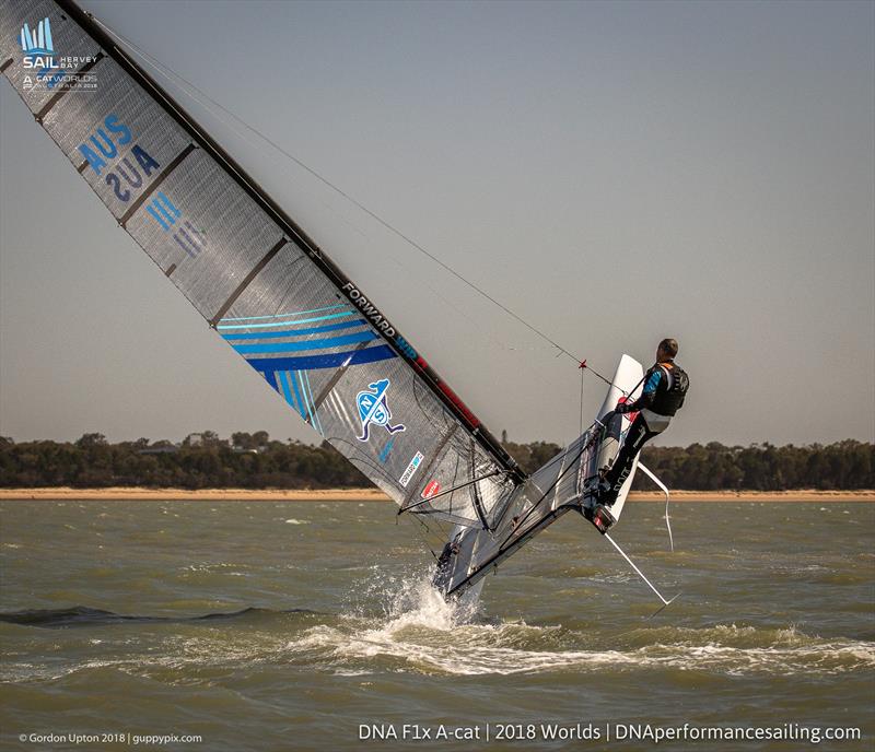 Glenn Ashby turns on some aerobatics - Final day 2018 A Class Catamaran Worlds, Hervey Bay, Queensland - photo © Gordon Upton / www.guppypix.com