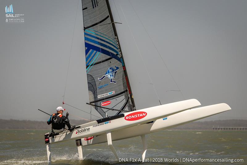 Glenn Ashby turns on some aerobatics Final day 2018 A Class Catamaran Worlds, Hervey Bay, Queensland - photo © Gordon Upton / www.guppypix.com