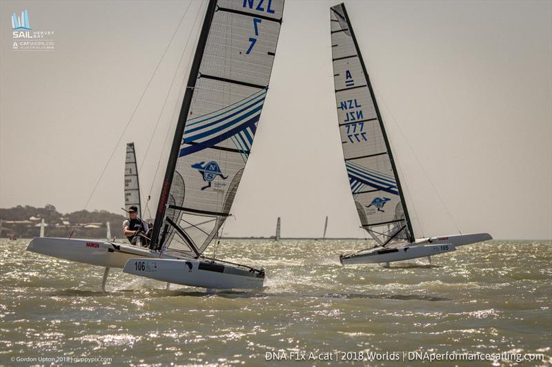 A Cat World Championship 2018 day 4 photo copyright Gordon Upton / www.guppypix.com taken at Hervey Bay Sailing Club and featuring the A Class Catamaran class