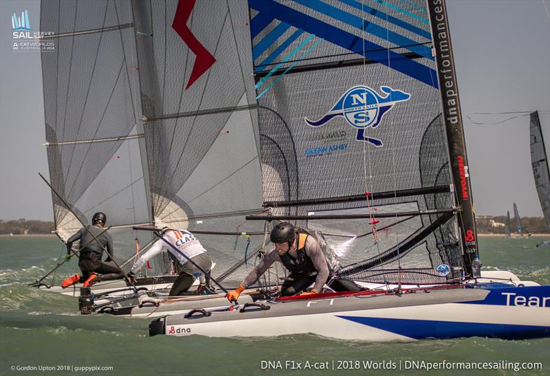 A Cat World Championship 2018 day 4 photo copyright Gordon Upton / www.guppypix.com taken at Hervey Bay Sailing Club and featuring the A Class Catamaran class