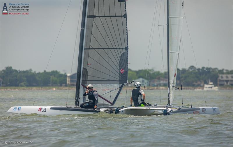 Comrades in arms. Kuba Surowiec congratulating a magnanimous Ravi Parent on his title, moments after the 1 point final race decider at the Beacon Group A-Class Catamaran World Championships in Texas - photo © Gordon Upton / www.guppypix.com