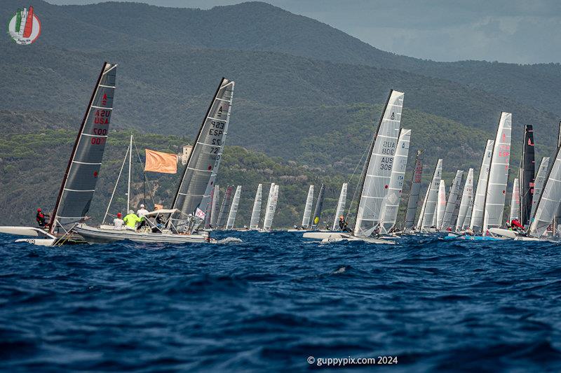 Mike Kranz USA 007 nails the pin end  - A Class Cat Worlds at Punta Ala day 1 - photo © Gordon Upton / www.guppypix.com