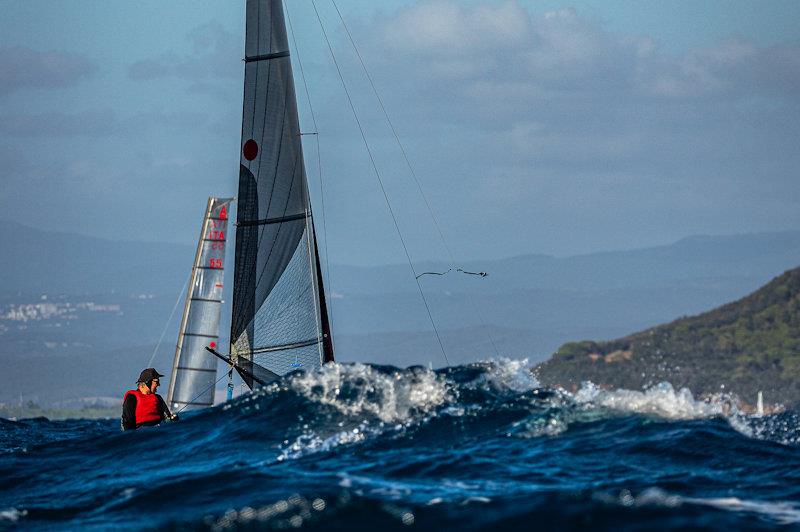 Dave Richardson AUS 1011, never sailed in these conditions before, but aquitted himself well - A Class Cat Worlds at Punta Ala day 1 photo copyright Gordon Upton / www.guppypix.com taken at Centro Velico Punta Ala and featuring the A Class Catamaran class