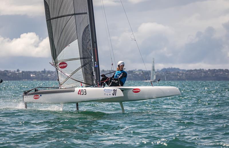 PredictWind A-Class Cat Worlds 2025 - Dutch sailing legend, Carolijn Brouwer has fun on her Exploder - photo © Gordon Upton / www.guppypix.com