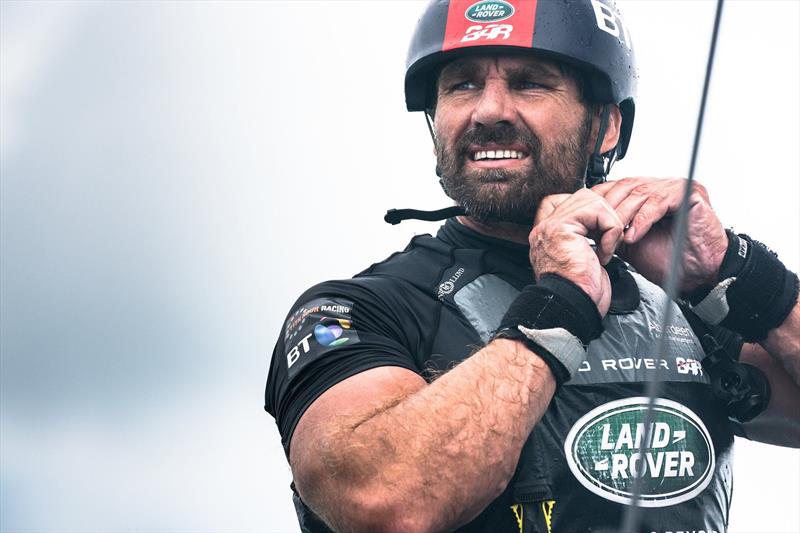 Sailing team manager and 3 time America's Cup winner Jono Macbeth unbuckles his helmet for the last time, announcing his retirement from America's Cup racing after the final race. Land Rover BAR, 35th America's Cup, Bermuda, June 2017 photo copyright Harry KH / Land Rover BAR taken at Royal Yacht Squadron and featuring the ACC class