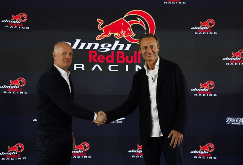 Ernesto Bertarelli of Switzerland and Hans Peter Steinacher of Austria and Alinghi Red Bull Racing seen during the press conference announcement to enter 37th Americas Cup in Geneva, Switzerland on December 14, photo copyright Samo Vidic / Red Bull Content Pool taken at Société Nautique de Genève and featuring the ACC class