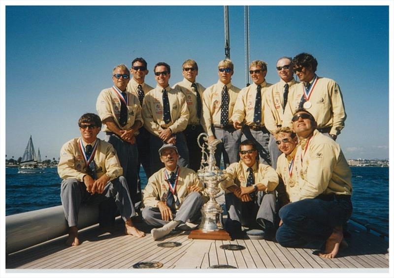 The crew of Black Magic NZL32 on the J-Class Endeavour the day after winning the America's Cup in 1995. Front row, from left: Murray Jones, Tom Schackenberg, the America's Cup, Dean Phipps, Simon Daubney, Craig Monk. Standing, from left: Robbie Naismith,  - photo © Team New Zeaand