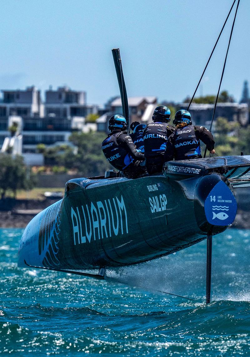 The outboard foil tip (black and white stripes) is detachable -Armstrong Foils has partnered with SailGP to be the Official Foil Tip Manufacturer of SailGP photo copyright Armstrong Foils taken at Royal New Zealand Yacht Squadron and featuring the  class