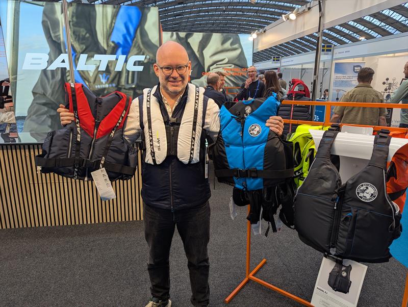 Baltic's Oscar Anderberg with the bouyancy aid range at Metstrade (wearing the Slim Pro) - photo © Mark Jardine