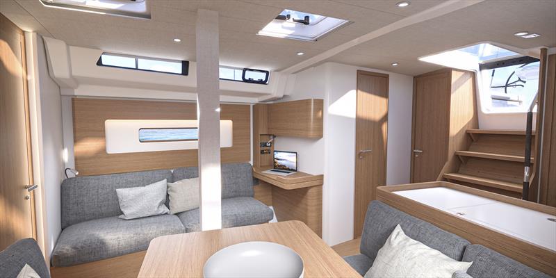 Dining table, settee and nav desk - Beneteau First 44 - photo © Beneteau