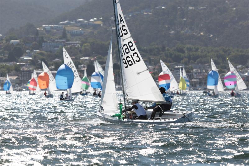 Little Devil (Archer Ibbott and Sam Hooper, Tas) leading the fleet of Cadets - International Cadet National Championships - photo © Pete Harmsen