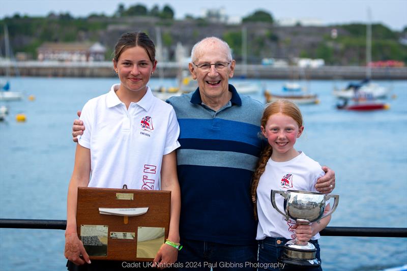 Barry Steel (1957 champion) with the 2024 champions - ABP Cadet UK Nationals in Plymouth photo copyright Paul Gibbins Photography taken at Plymouth Youth Sailing Club and featuring the Cadet class