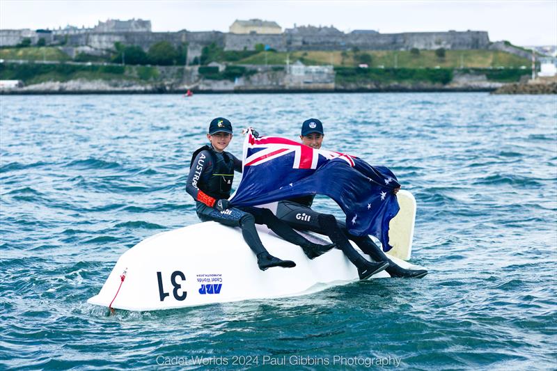 Josh Garner and Jack Benyan from Australia win the ABP Cadet class World Championship in Plymouth photo copyright Paul Gibbins Photography taken at Plymouth Youth Sailing Club and featuring the Cadet class