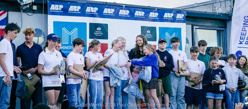 Prize-giving for the ABP Cadet class World Championship in Plymouth photo copyright Paul Gibbins Photography taken at Mount Batten Centre for Watersports and featuring the Cadet class