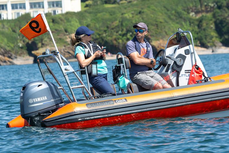 Alan and Helen Krayling in a RIB - ABP Cadet class World Championship in Plymouth photo copyright Paul Gibbins Photography taken at Plymouth Youth Sailing Club and featuring the Cadet class