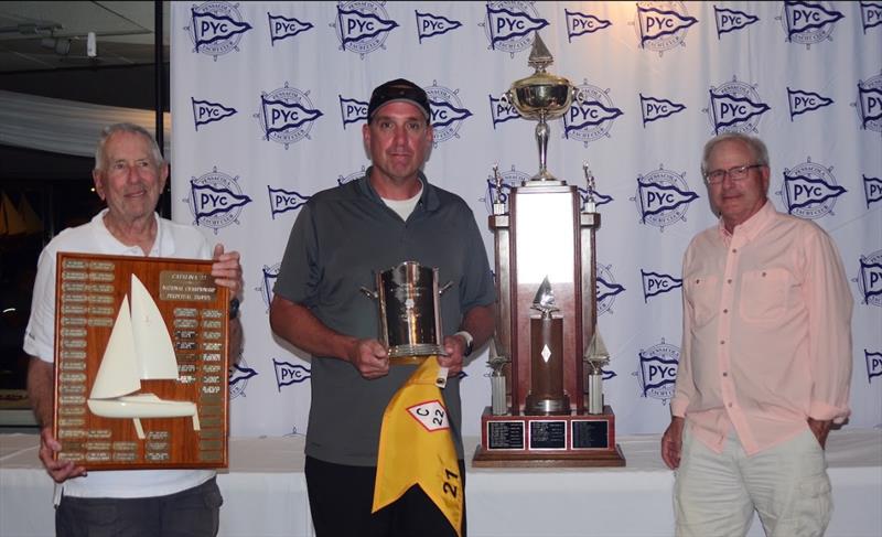 Gold Fleet winner Justin Chambers 'Buc-ee' with his crew Doug Thome and Winn Story sailing 'Buc-ee'  took the Gold Fleet series to win the 2021 Catalina 22 National Championships with a perfect 7 points in 7 races photo copyright Talbot Wilson taken at Pensacola Yacht Club and featuring the Catalina 22 class